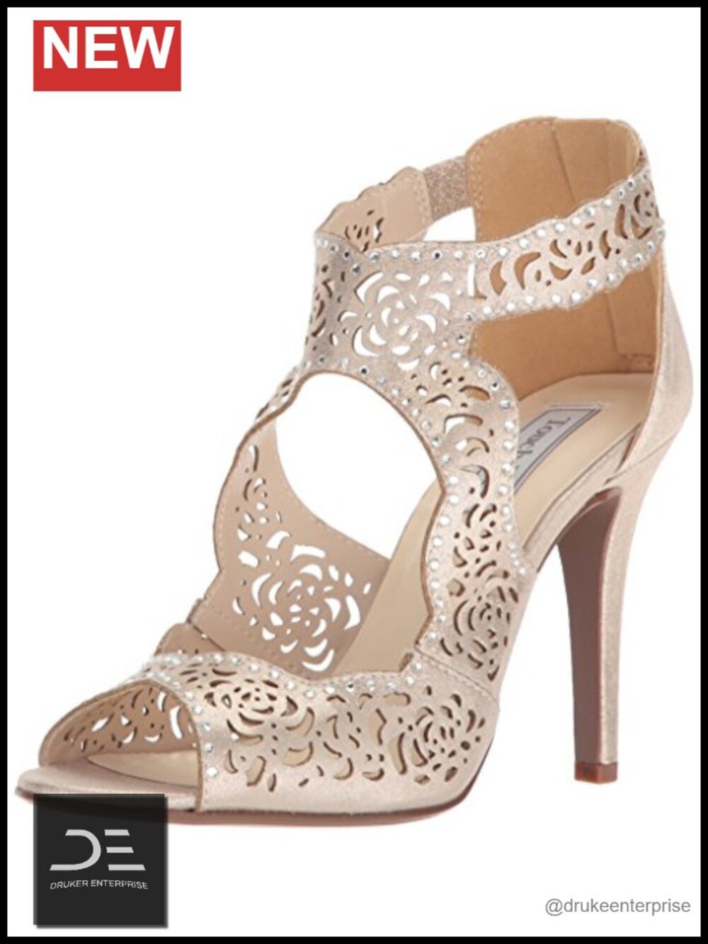 Laser Cut Stiletto Heel Sandals with Rhinestones - Ankle Strap
